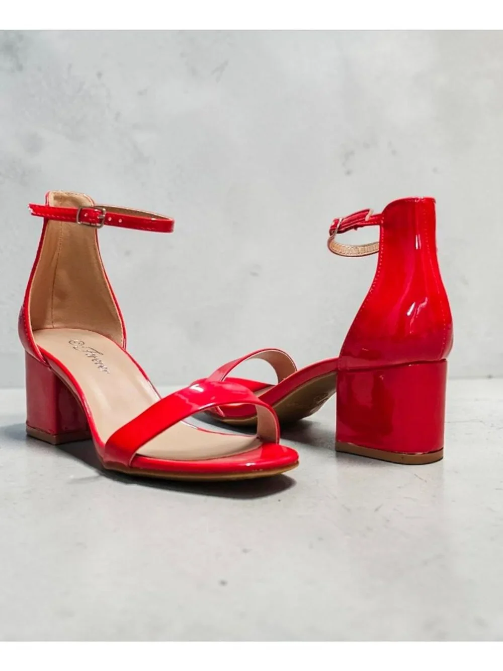 Red Patent Block Heel Sandals With Ankle Strap - Womens Dress Shoes